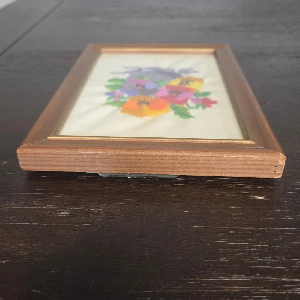 Vintage Framed Hand Embroidered Pansy Floral Needlework Wall Art Cottage Decor